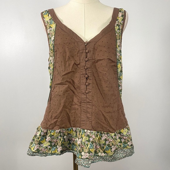 Fei Tops - Vintage Y2K Fei L 100% Cotton Brown Green Boho Floral Swiss Dot Button Up Tank